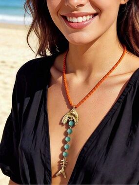 Gold Fishbone Pendant Necklace with Orange Cord and Turquoise Beads